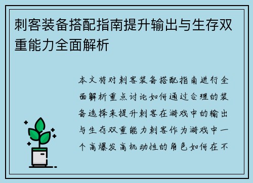 刺客装备搭配指南提升输出与生存双重能力全面解析